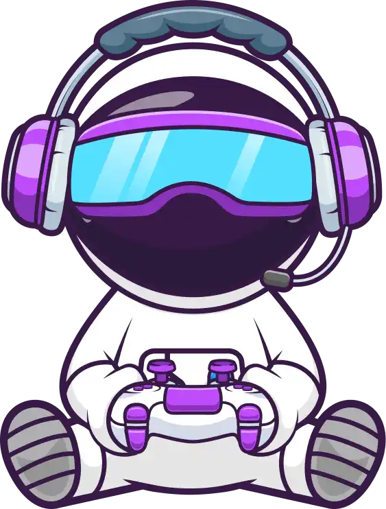 Illustratie van een speelse astronaut met een gamingheadset en controller, zittend in een ontspannen houding en symbool voor gamen, leren en digitale spelervaring